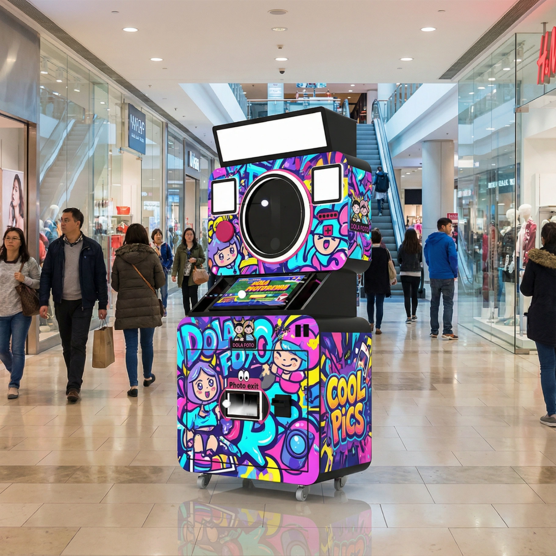 Colorful graffiti-style AI photo booth in a shopping mall