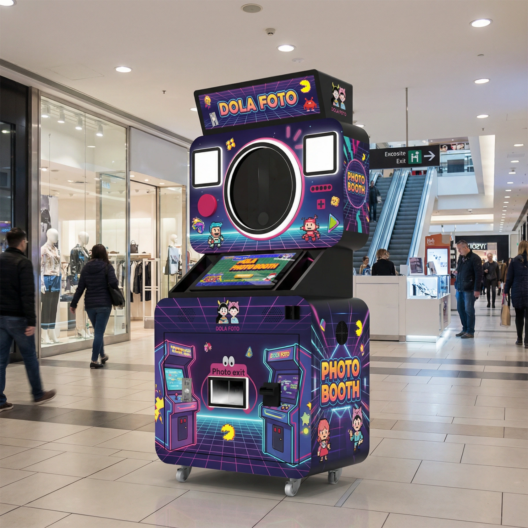 Retro arcade-style AI photo booth with neon design